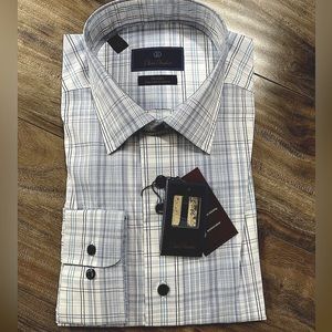 NWT David Donahue Fusion Performance Dress Shirt Blue Plaid Size Large 16.5